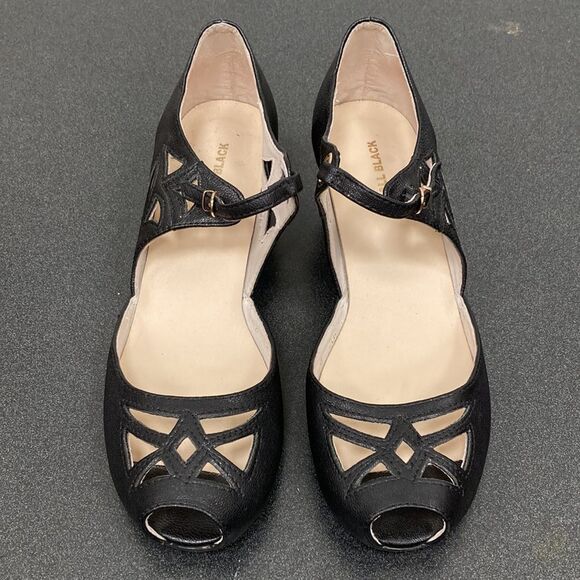 All Black the Brand Anthropologie Black Leather Cut Out Peep Toe Mary Jane Heels - Picture 2 of 12